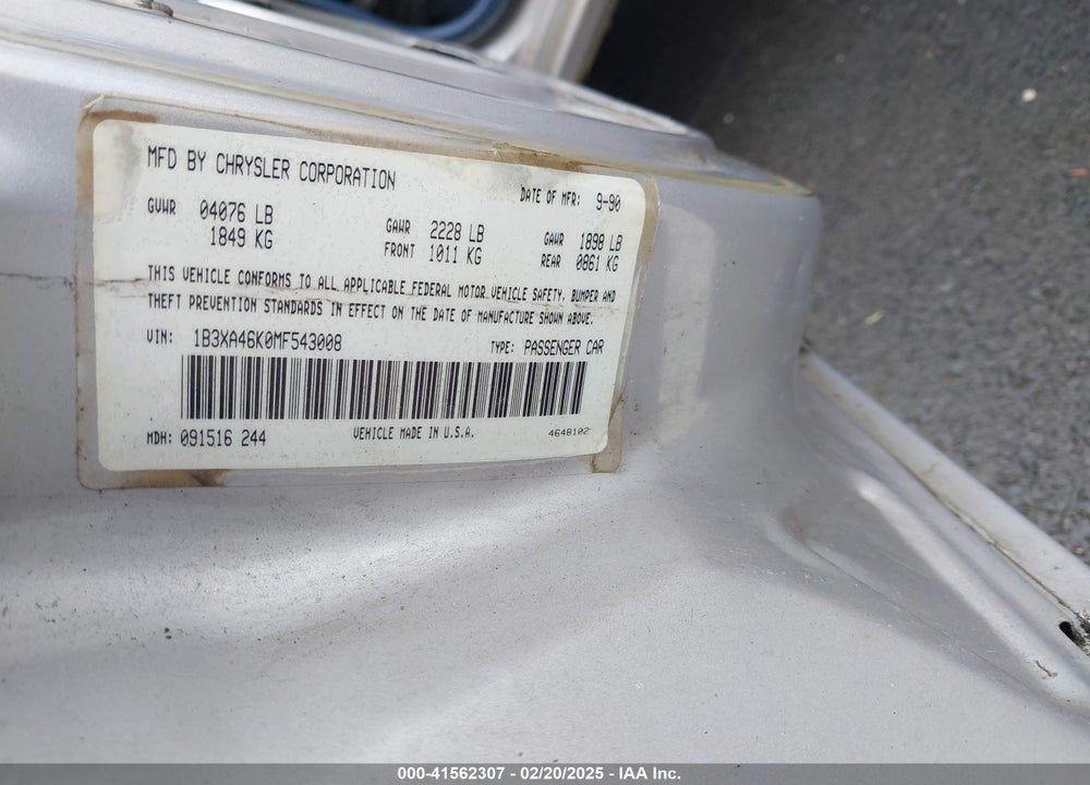 1991 DODGE SPIRIT VIN: 1B3XA46K0MF543008