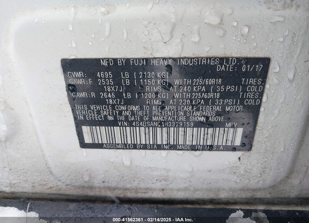 2017 SUBARU OUTBACK VIN: 4S4BSANC1H3329159