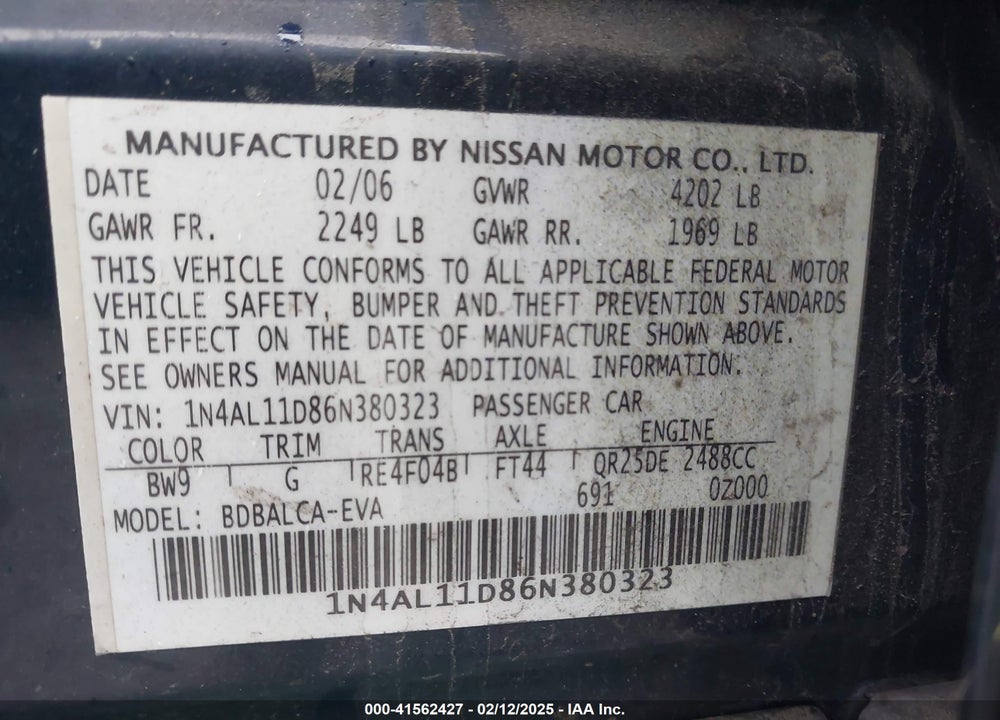 2006 NISSAN ALTIMA VIN: 1N4AL11D86N380323