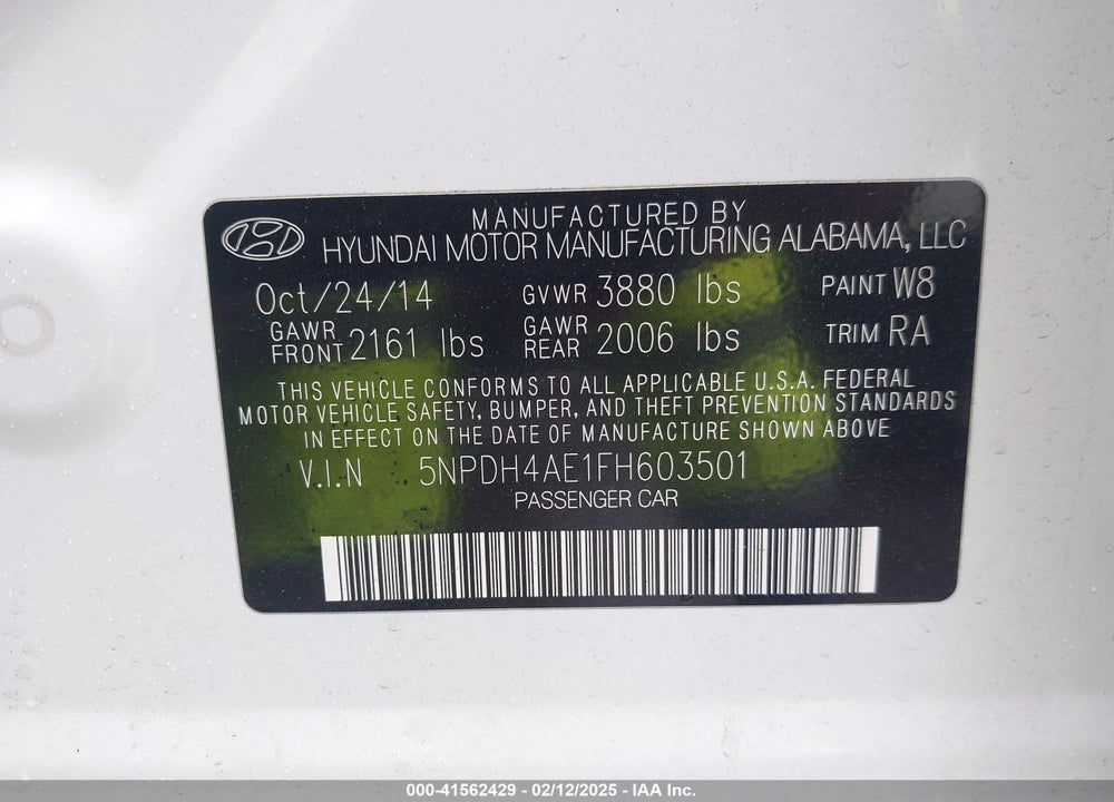 2015 HYUNDAI ELANTRA VIN: 5NPDH4AE1FH603501