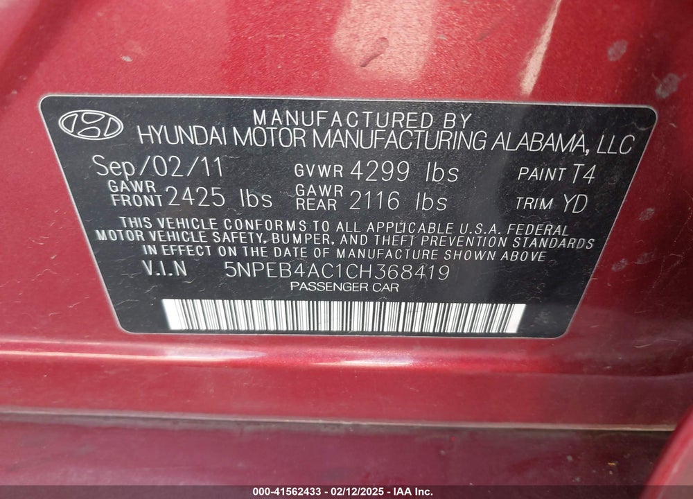 2012 HYUNDAI SONATA VIN: 5NPEB4AC1CH368419