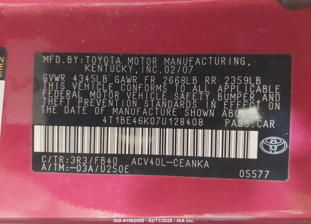 2007 TOYOTA CAMRY LE VIN: 4T1BE46K07U128408