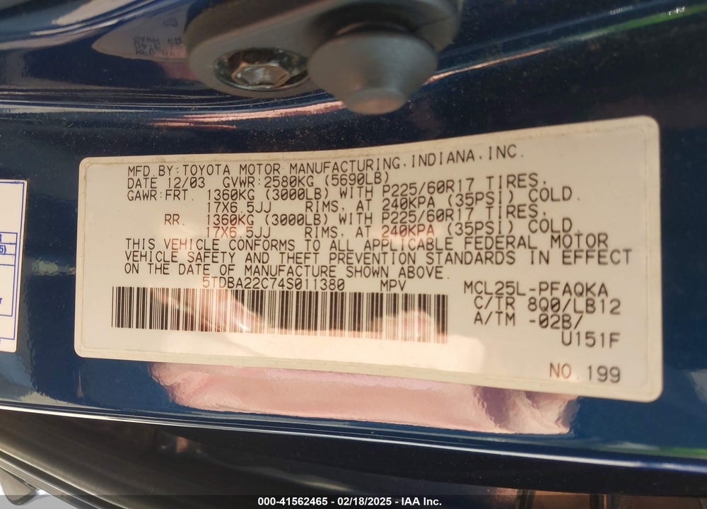 2004 TOYOTA SIENNA VIN: 5TDBA22C74S011380