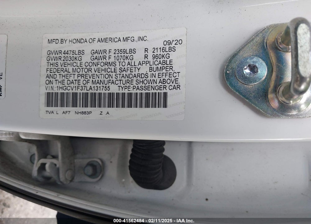 2020 HONDA ACCORD VIN: 1HGCV1F37LA131755