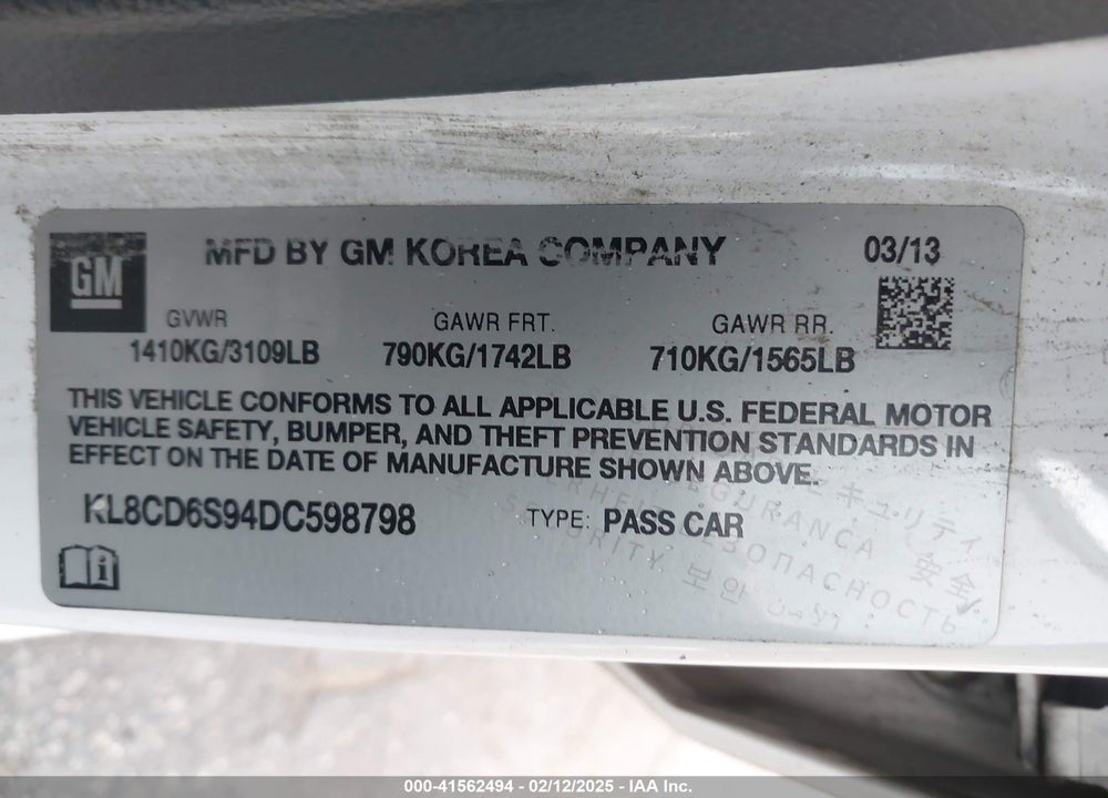 2013 CHEVROLET SPARK VIN: KL8CD6S94DC598798