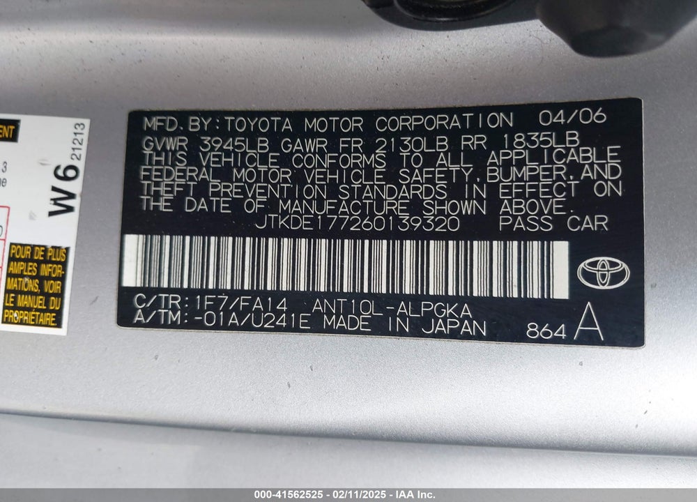 2006 SCION TC VIN: JTKDE177260139320