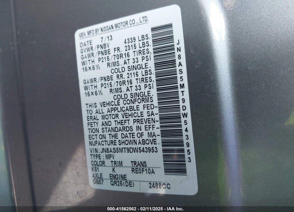 2013 NISSAN ROGUE S VIN: JN8AS5MT9DW543953