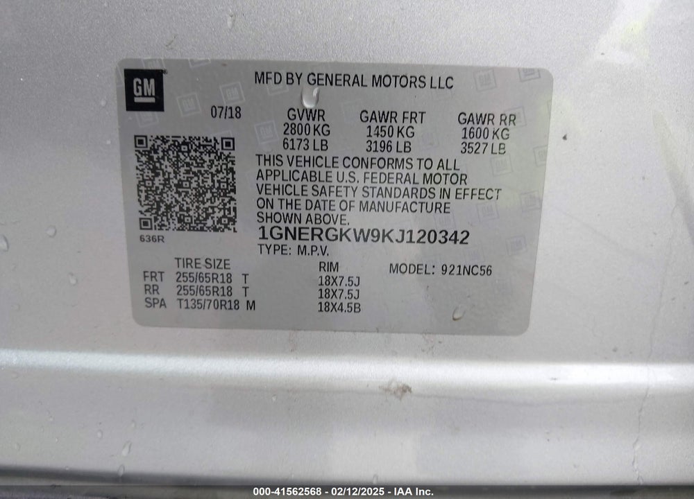 2019 CHEVROLET TRAVERSE 1LT VIN: 1GNERGKW9KJ120342