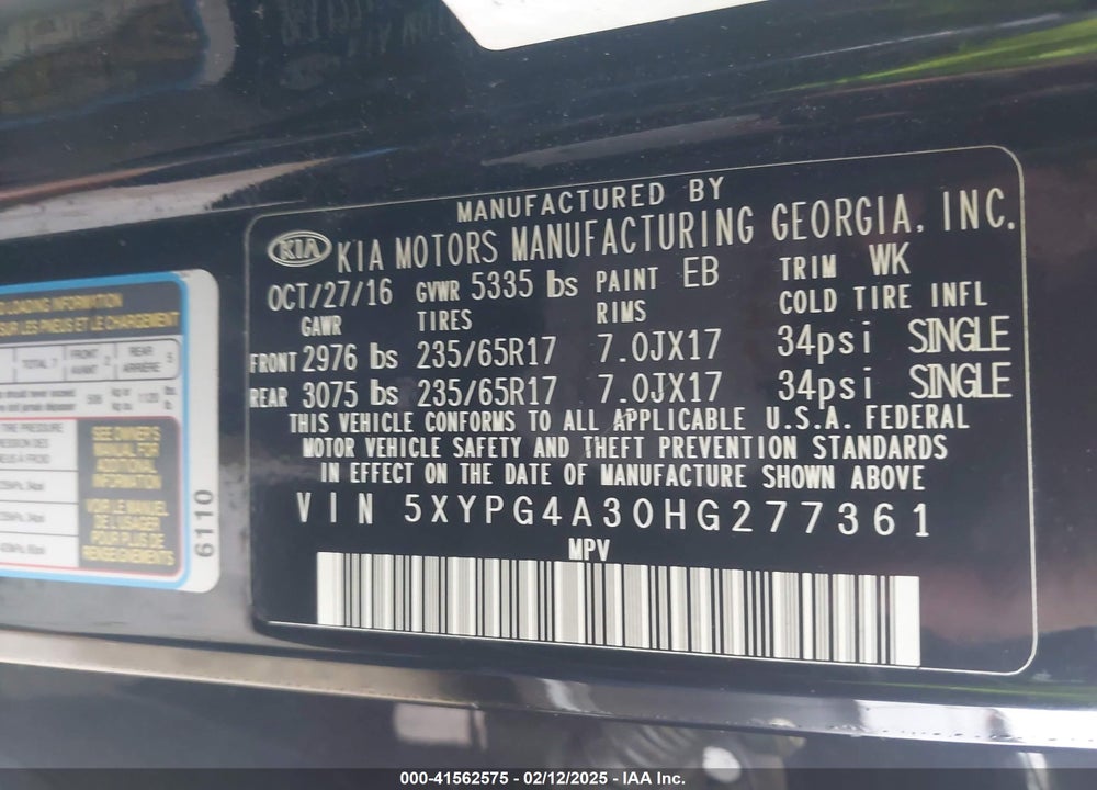 2017 KIA SORENTO 2.4L LX VIN: 5XYPG4A30HG277361