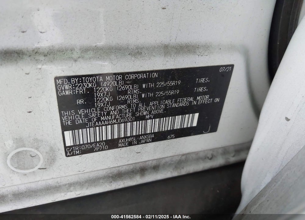 2021 TOYOTA VENZA LIMITED VIN: JTEAAAAH6MJ069301