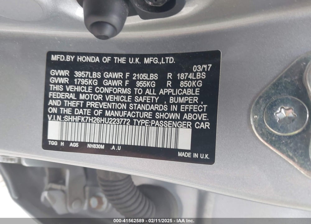 2017 HONDA CIVIC VIN: SHHFK7H26HU223772