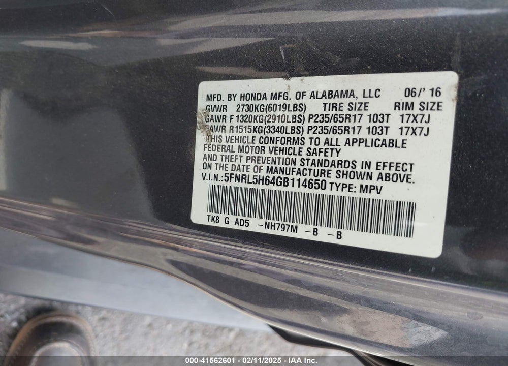2016 HONDA ODYSSEY EX-L VIN: 5FNRL5H64GB114650