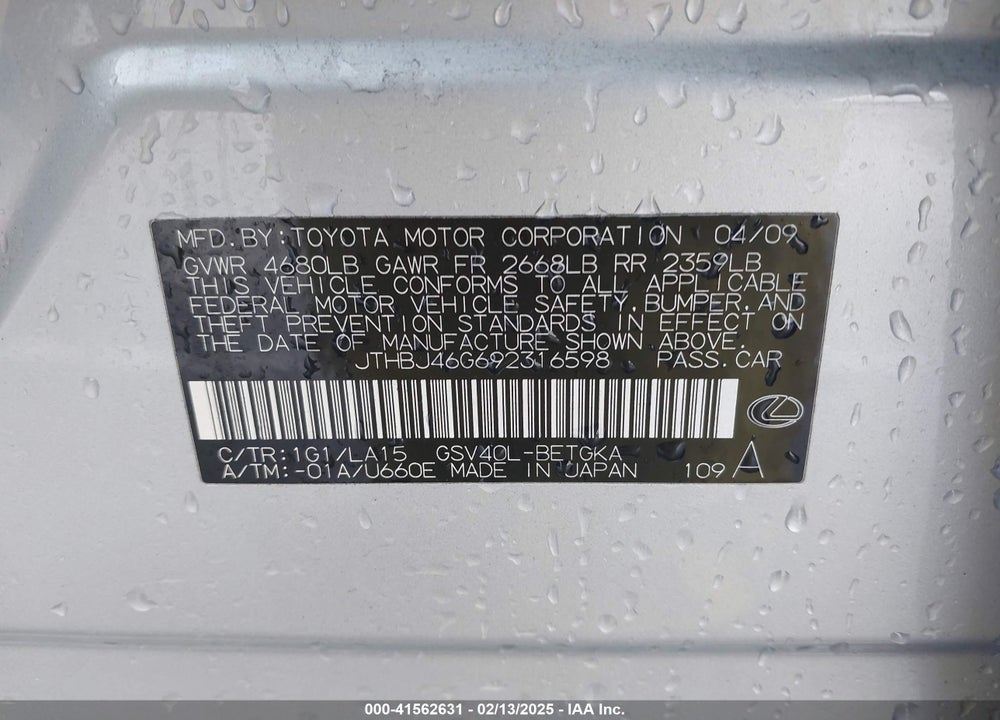 2009 LEXUS ES 350 VIN: JTHBJ46G692316598