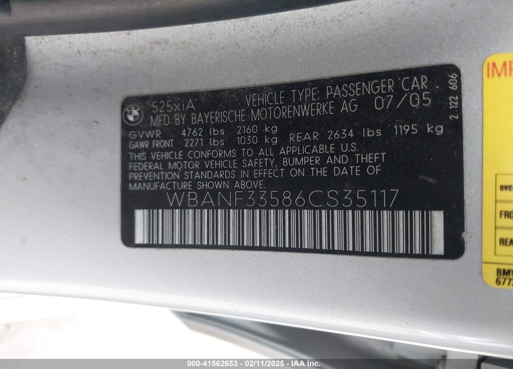 2006 BMW 525XI VIN: WBANF33586CS35117