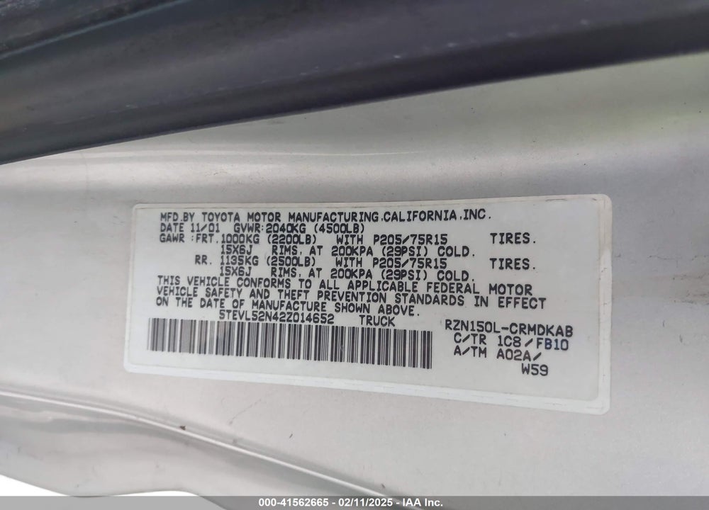 2002 TOYOTA TACOMA XTRACAB VIN: 5TEVL52N42Z014652