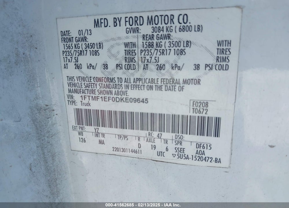 2013 FORD F-150 VIN: 1FTMF1EF0DKE09645