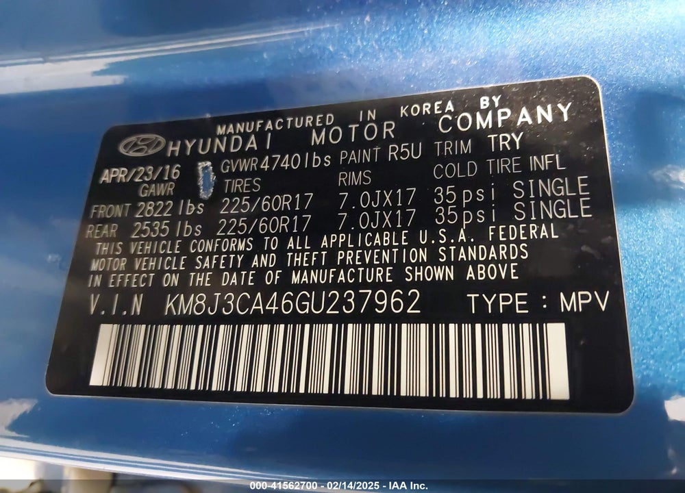 2016 HYUNDAI TUCSON SE VIN: KM8J3CA46GU237962