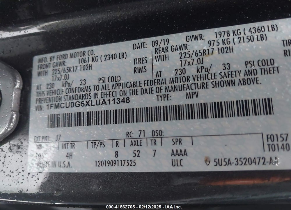 2020 FORD ESCAPE VIN: 1FMCU0G6XLUA11348