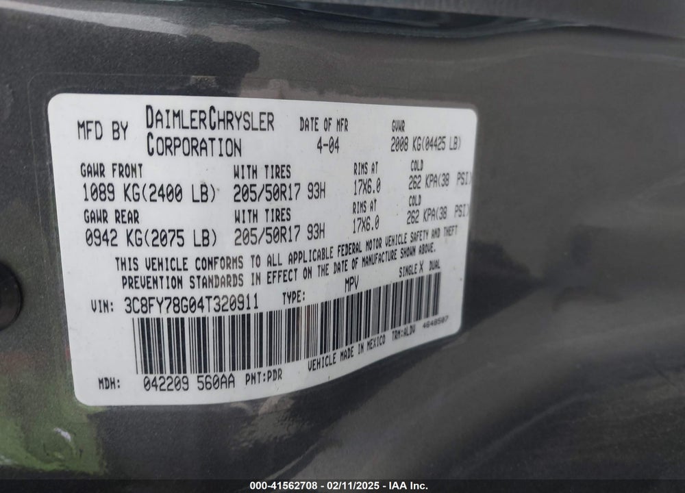 2004 CHRYSLER PT CRUISER GT VIN: 3C8FY78G04T320911