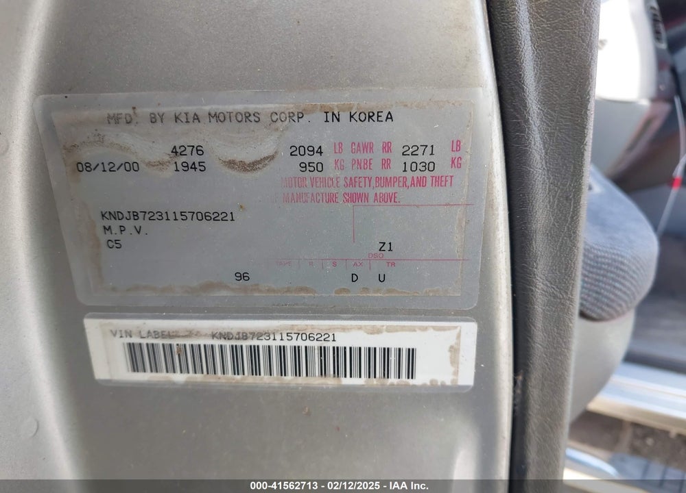 2001 KIA SPORTAGE VIN: KNDJB723115706221