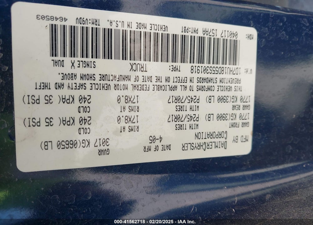 2005 DODGE RAM 1500 SLT/LARAMIE VIN: 1D7HU18D55S301918