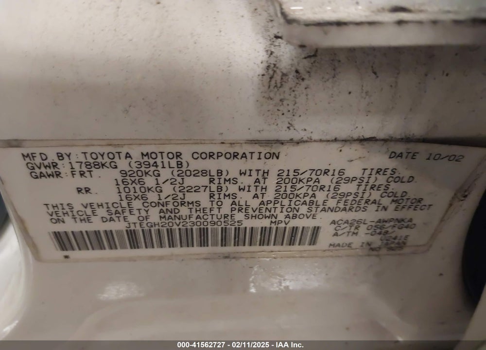 2003 TOYOTA RAV4 VIN: JTEGH20V230090525