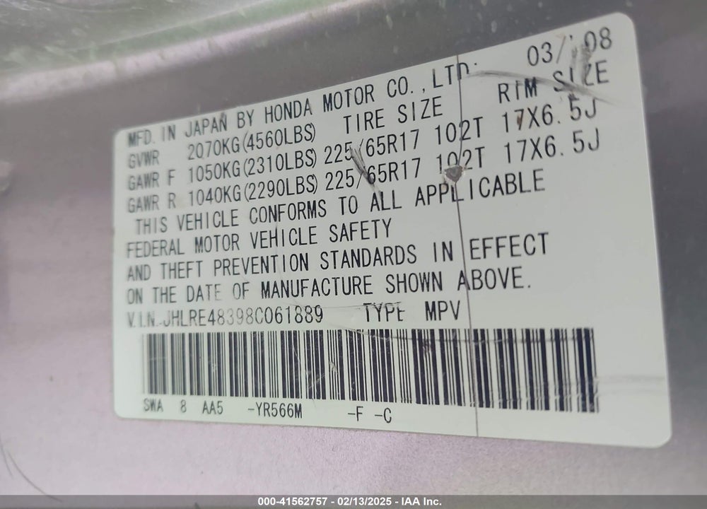 2008 HONDA CR-V LX VIN: JHLRE48398C061889
