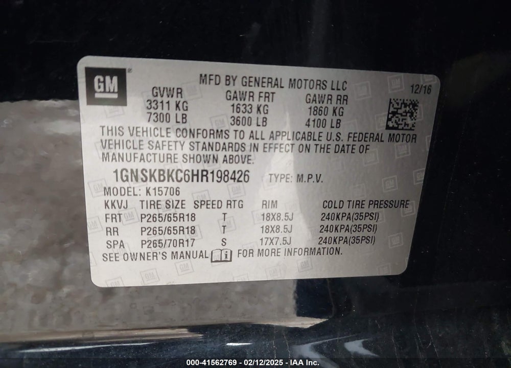 2017 CHEVROLET TAHOE LT VIN: 1GNSKBKC6HR198426
