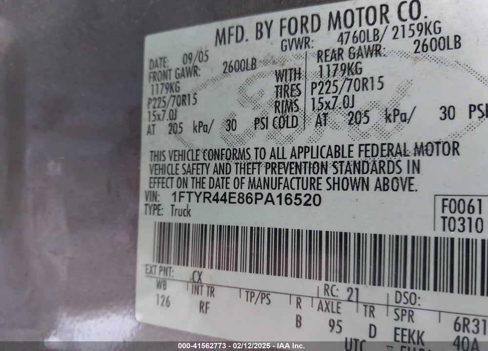 2006 FORD RANGER VIN: 1FTYR44E86PA16520