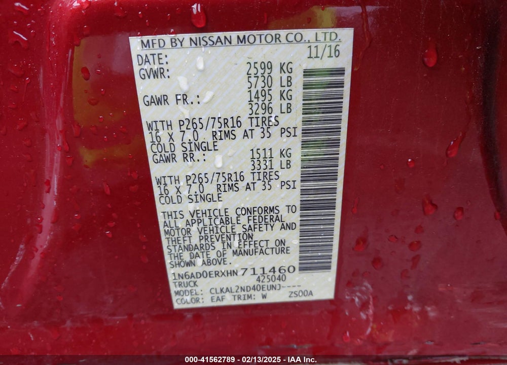 2017 NISSAN FRONTIER VIN: 1N6AD0ERXHN711460