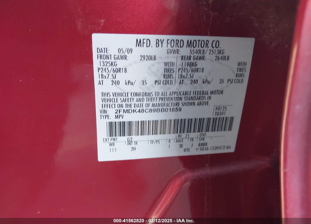 2009 FORD EDGE SEL VIN: 2FMDK48C89BB01859