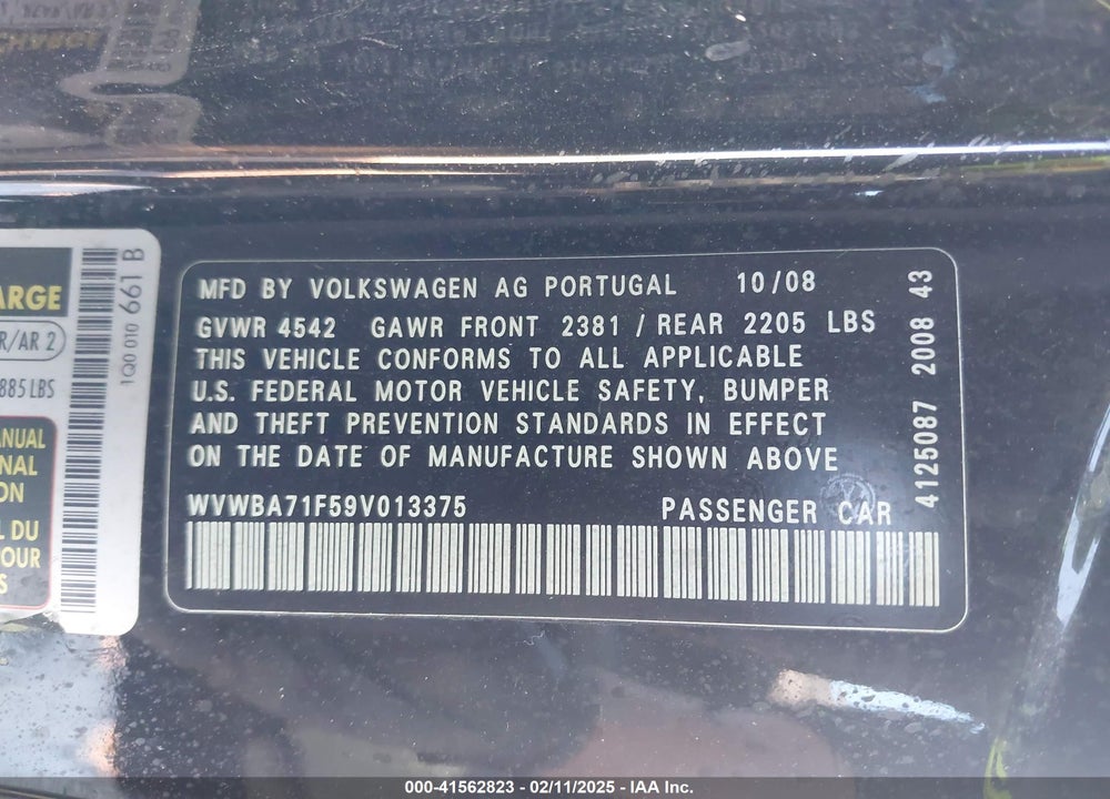 2009 VOLKSWAGEN EOS KOMFORT VIN: WVWBA71F59V013375