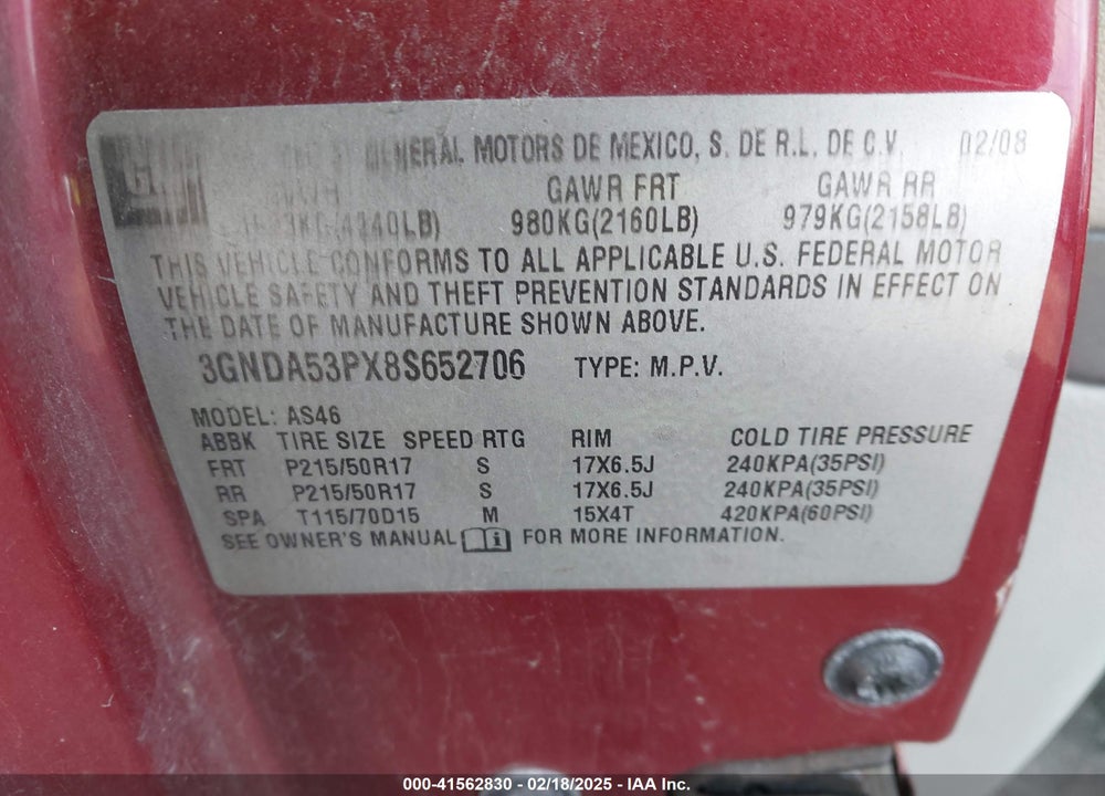 2008 CHEVROLET HHR VIN: 3GNDA53PX8S652706