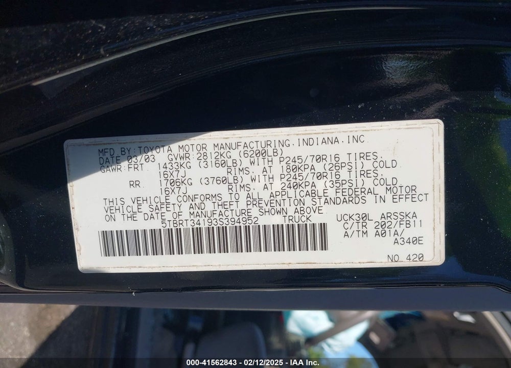 2003 TOYOTA TUNDRA VIN: 5TBRT34193S394952