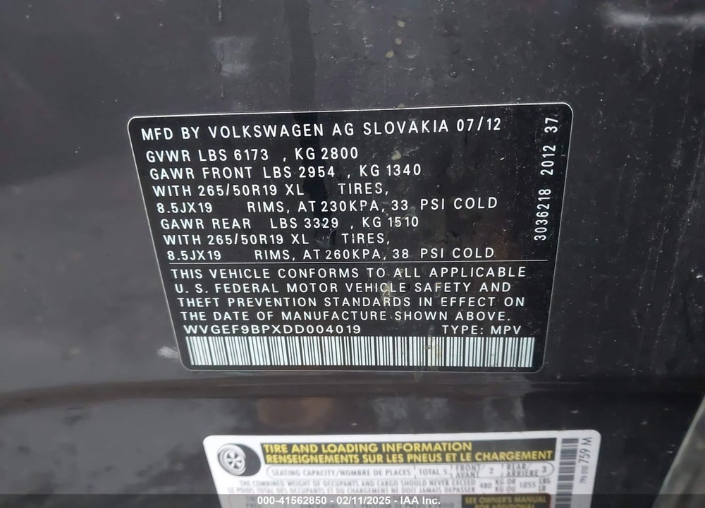 2013 VOLKSWAGEN TOUAREG VR6 LUX VIN: WVGEF9BPXDD004019