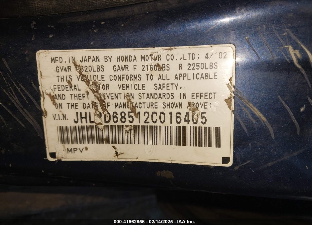 2002 HONDA CR-V LX VIN: JHLRD68512C016405