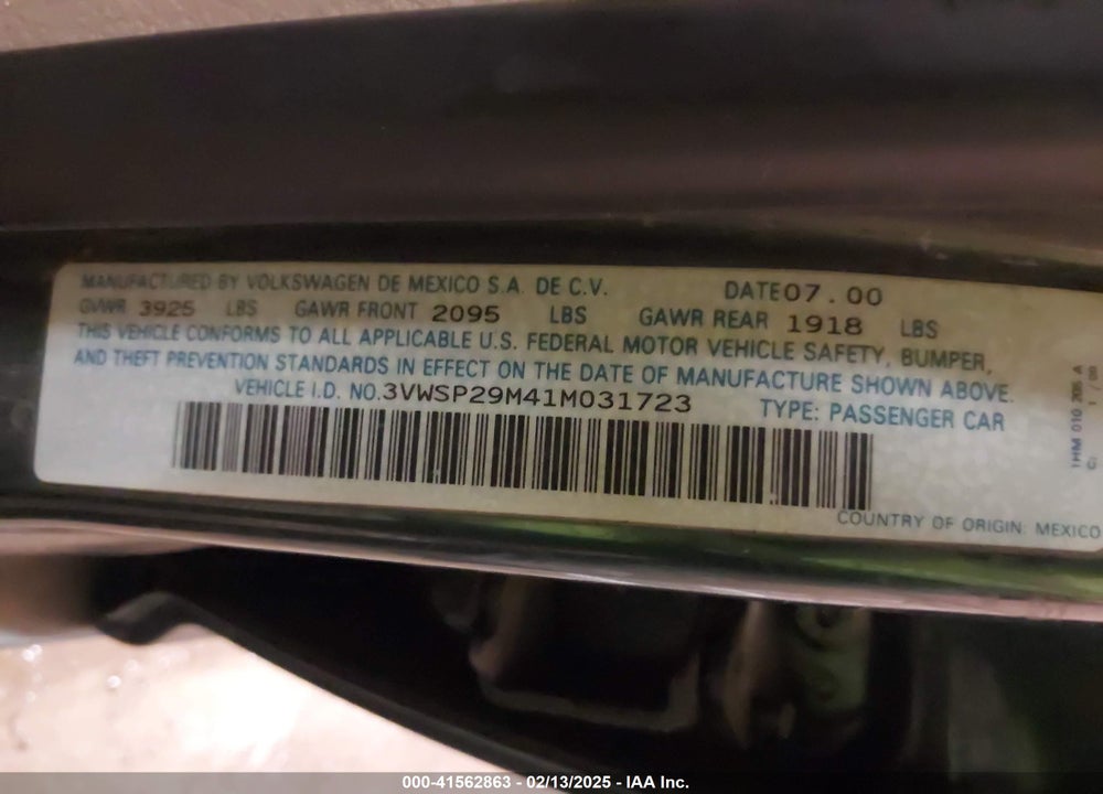 2001 VOLKSWAGEN JETTA GLS TDI VIN: 3VWSP29M41M031723