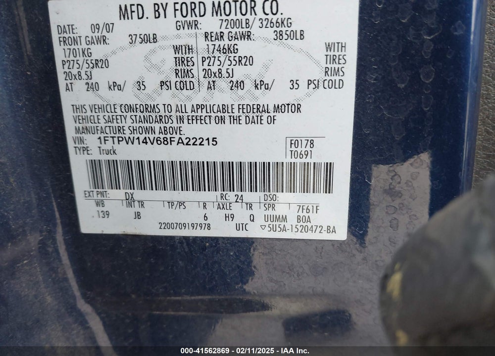 2008 FORD F-150 60TH ANNIVERSARY/FX4/KING RANCH/LARIAT/XLT VIN: 1FTPW14V68FA22215