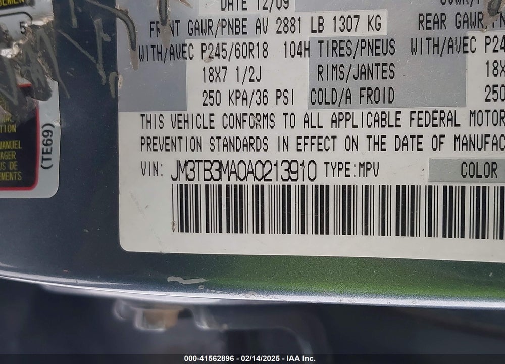 2010 MAZDA CX-9 TOURING VIN: JM3TB3MA0A0213910