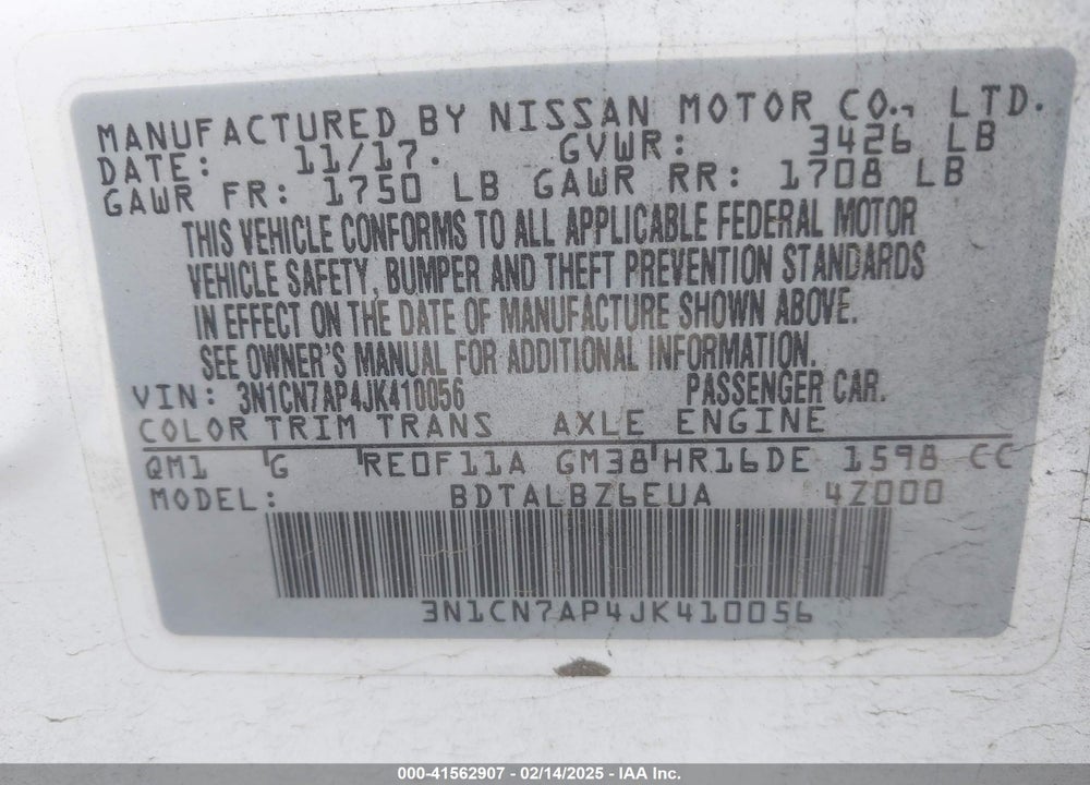 2018 NISSAN VERSA VIN: 3N1CN7AP4JK410056