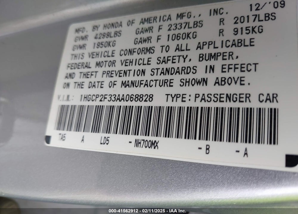 2010 HONDA ACCORD 2.4 LX VIN: 1HGCP2F33AA068828