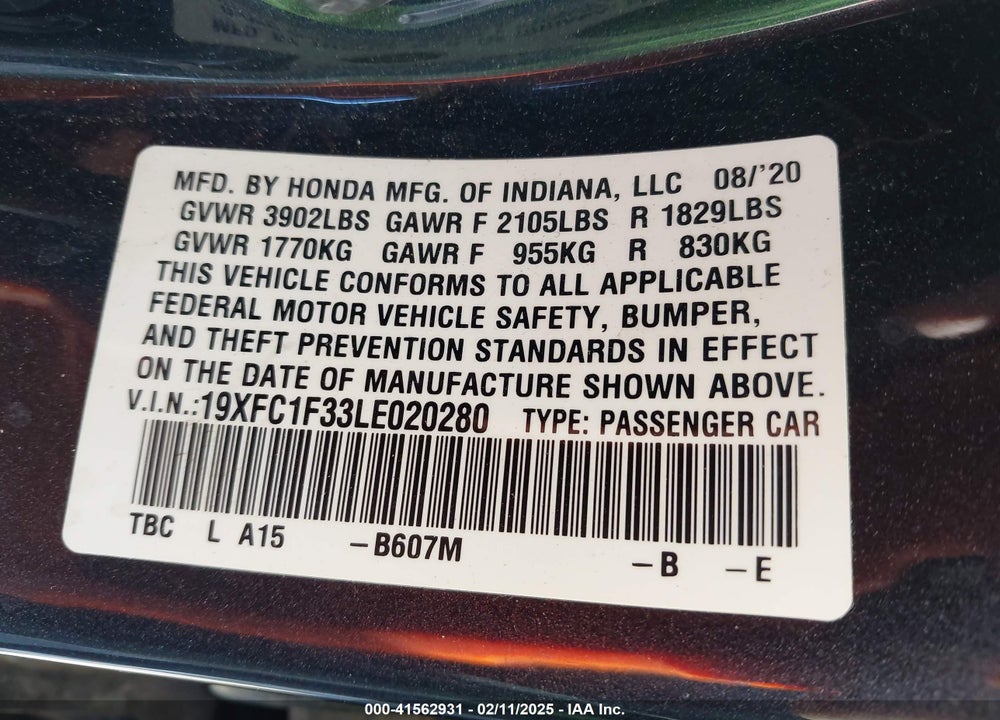 2020 HONDA CIVIC VIN: 19XFC1F33LE020280