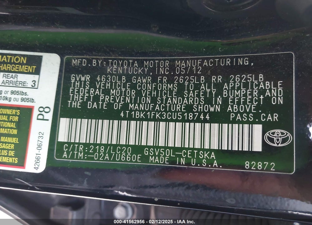 2012 TOYOTA CAMRY VIN: 4T1BK1FK3CU518744
