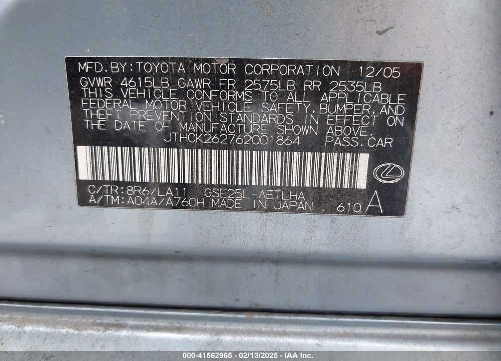2006 LEXUS IS 250 VIN: JTHCK262762001864