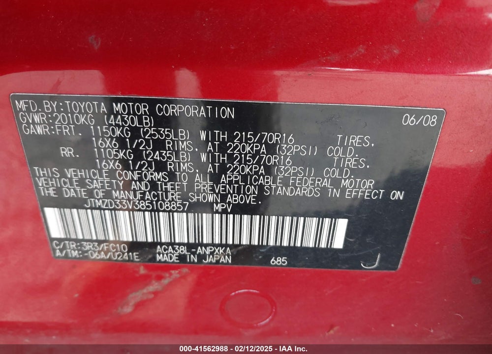 2008 TOYOTA RAV4 VIN: JTMZD33V385108857