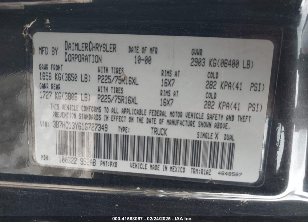 2001 DODGE RAM 1500 ST VIN: 3B7HC13Y61G727349