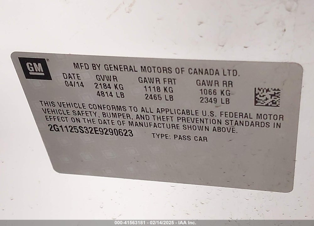 2014 CHEVROLET IMPALA VIN: 2G1125S32E9290623