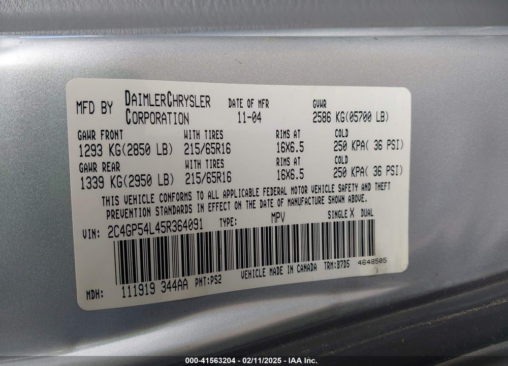 2005 CHRYSLER TOWN & COUNTRY TOURING VIN: 2C4GP54L45R364091