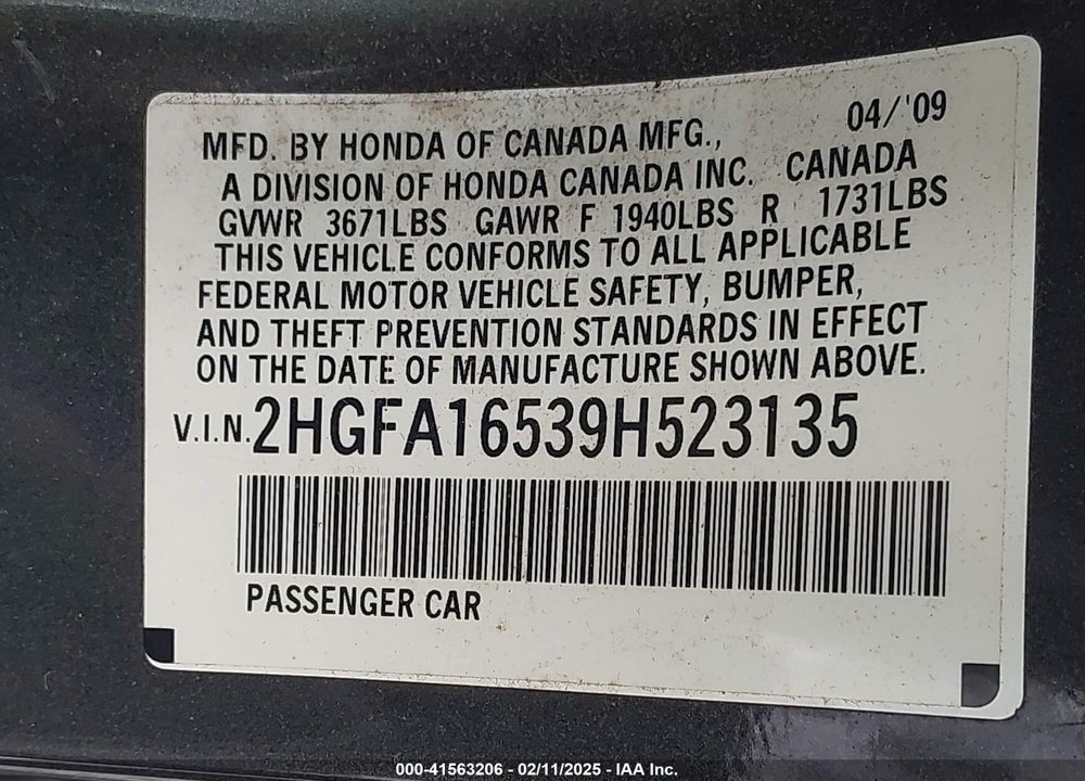 2009 HONDA CIVIC LX VIN: 2HGFA16539H523135