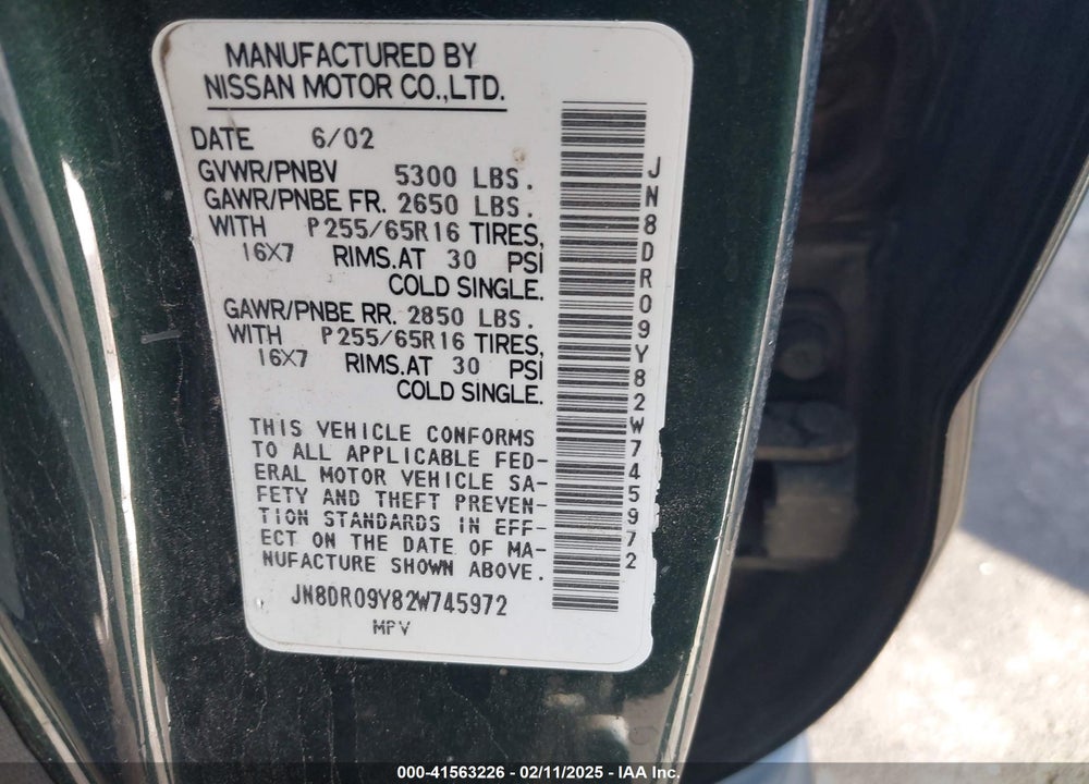2002 NISSAN PATHFINDER SE VIN: JN8DR09Y82W745972